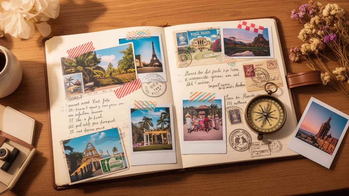 Beautiful travel scrapbook with photos, postcards, and memories